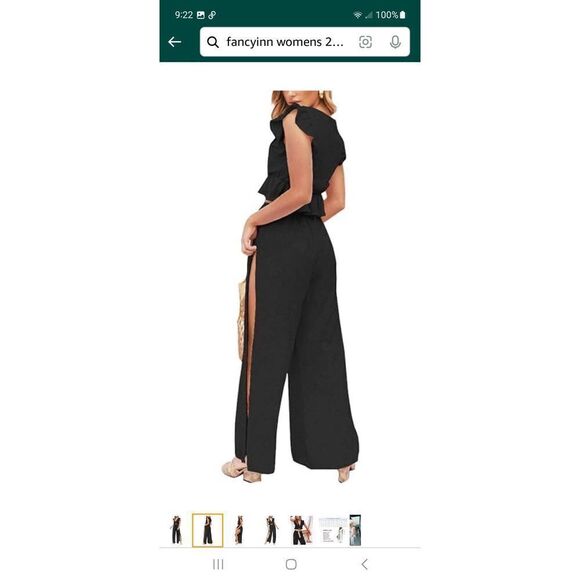 New Large Fancyinn Black 2pc VNeck Crop Top Side Slit Wide Leg Pants Outfit NWT - Picture 4 of 10